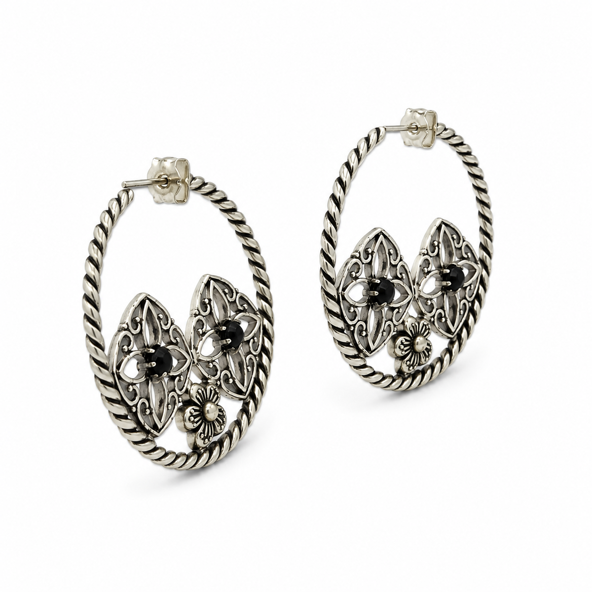 Black Stone Floral Hoop Earrings Twisted Oxidized Silver Boho Jewelry EAR-4917