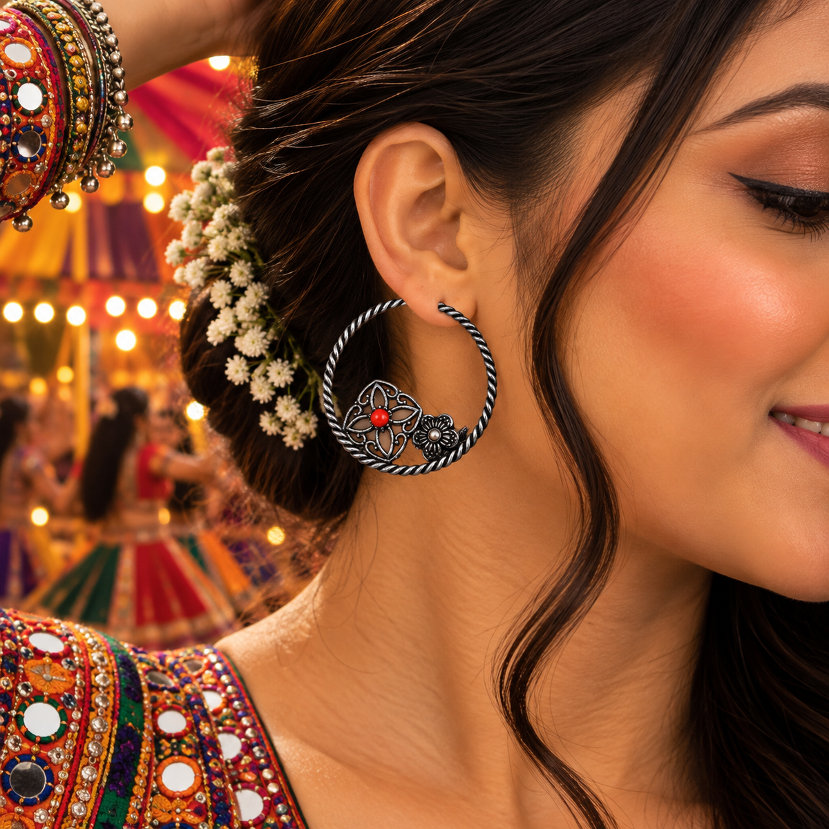 Red Gemstone Floral Hoop Earrings, Oxidized Silver Boho Statement EAR-4918