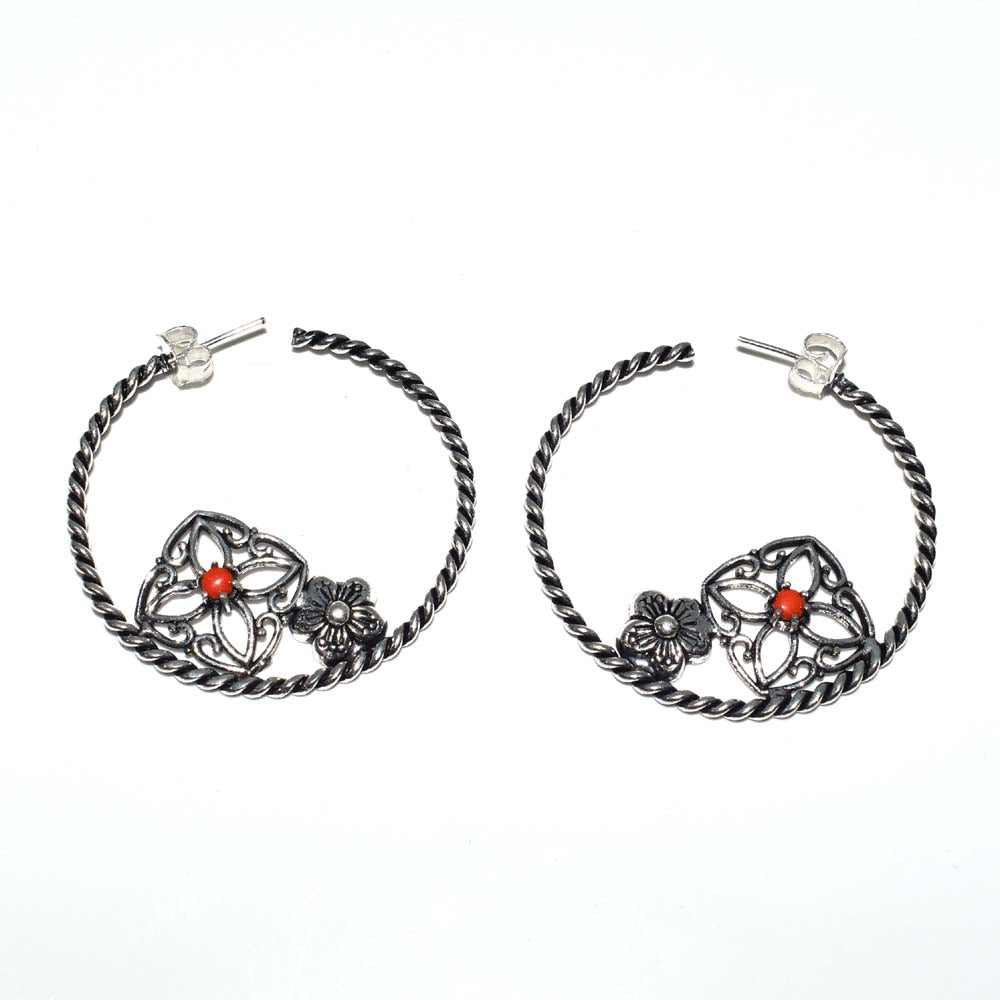 Red Gemstone Floral Hoop Earrings, Oxidized Silver Boho Statement EAR-4918