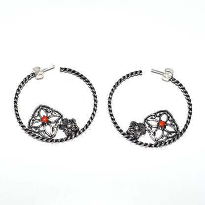 Red Gemstone Floral Hoop Earrings, Oxidized Silver Boho Statement EAR-4918