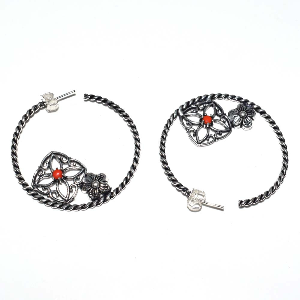 Red Gemstone Floral Hoop Earrings, Oxidized Silver Boho Statement EAR-4918