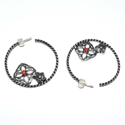 Red Gemstone Floral Hoop Earrings, Oxidized Silver Boho Statement EAR-4918