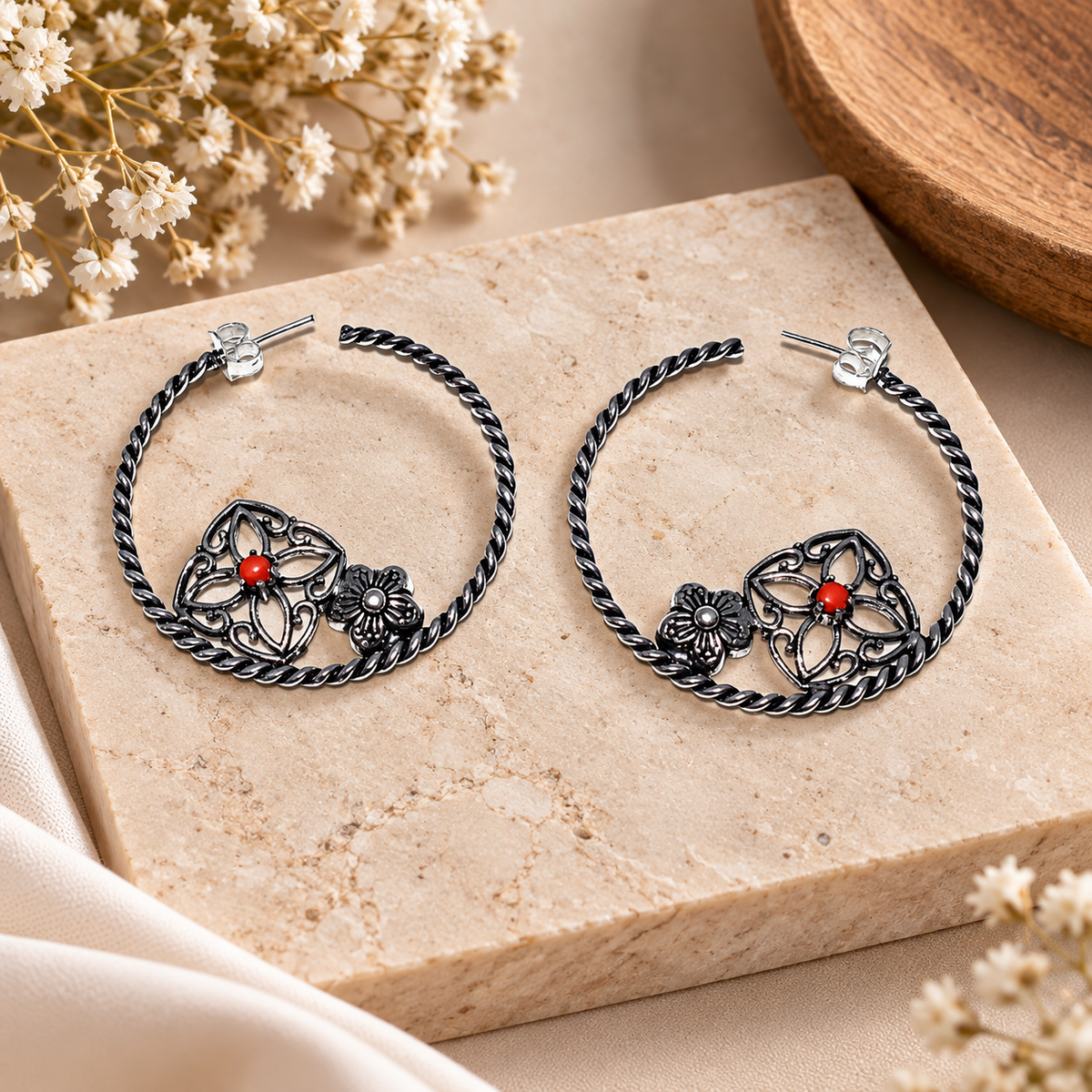 Red Gemstone Floral Hoop Earrings, Oxidized Silver Boho Statement EAR-4918