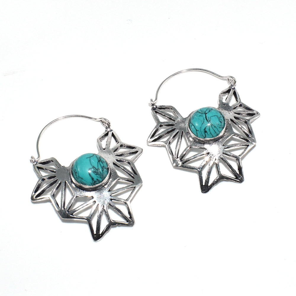 Turquoise Flower Hoop Earrings Boho Silver Tone Statement Jewelry EAR-4952