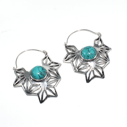 Turquoise Flower Hoop Earrings Boho Silver Tone Statement Jewelry EAR-4952