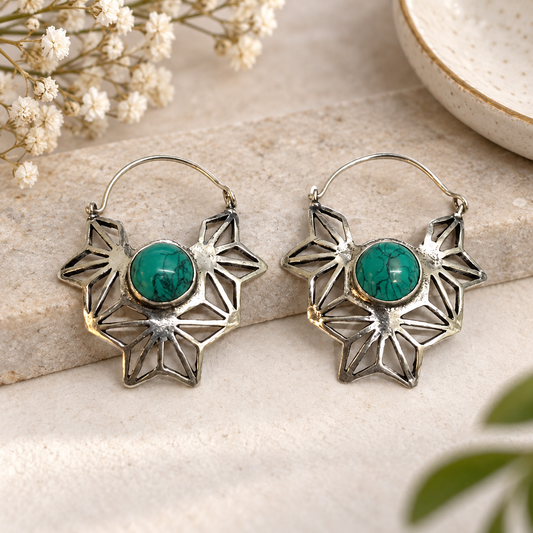 Turquoise Flower Hoop Earrings Boho Silver Tone Statement Jewelry EAR-4952