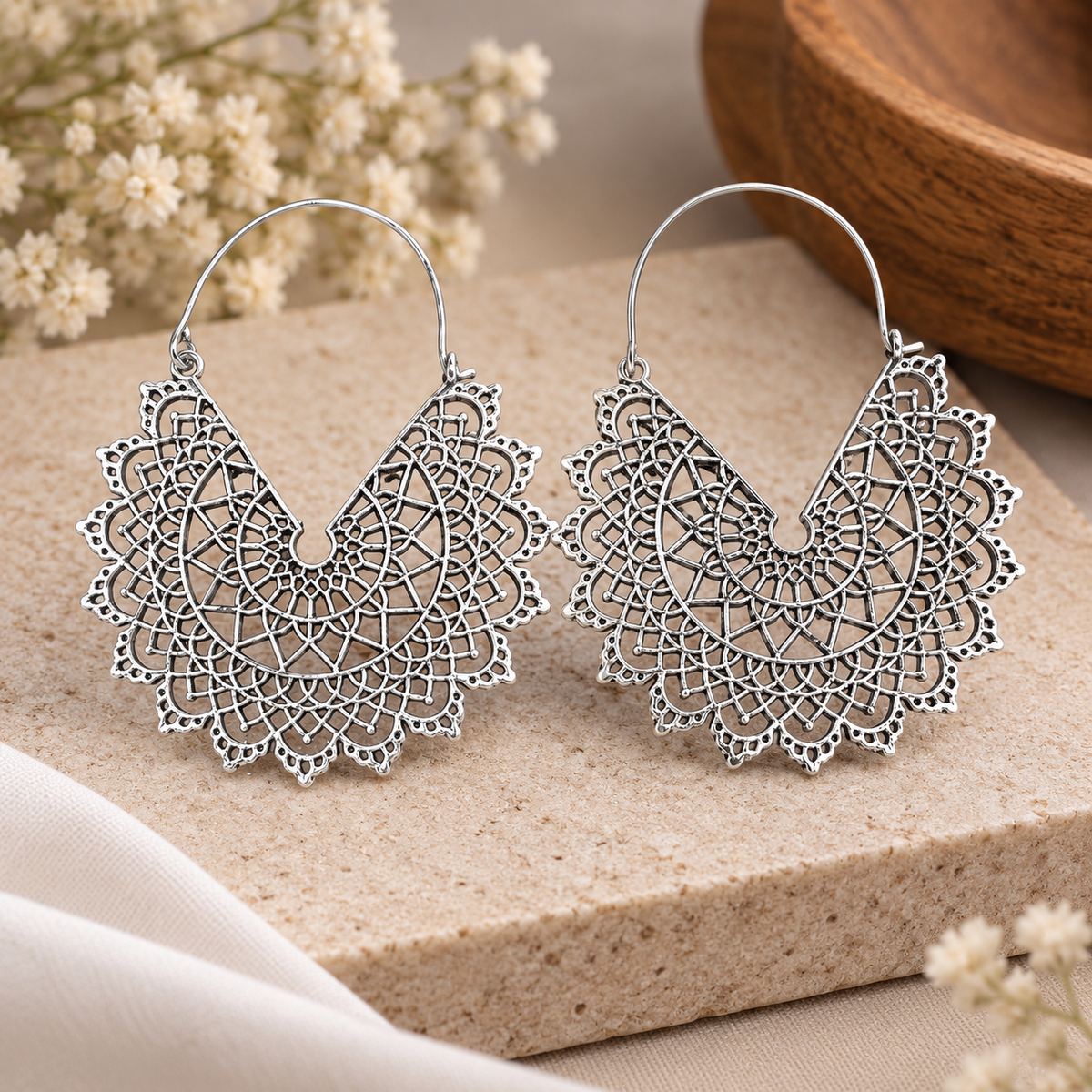 Filigree Silver Earrings Boho Mandala Dangle Earrings Ethnic Jewelry EAR-5305