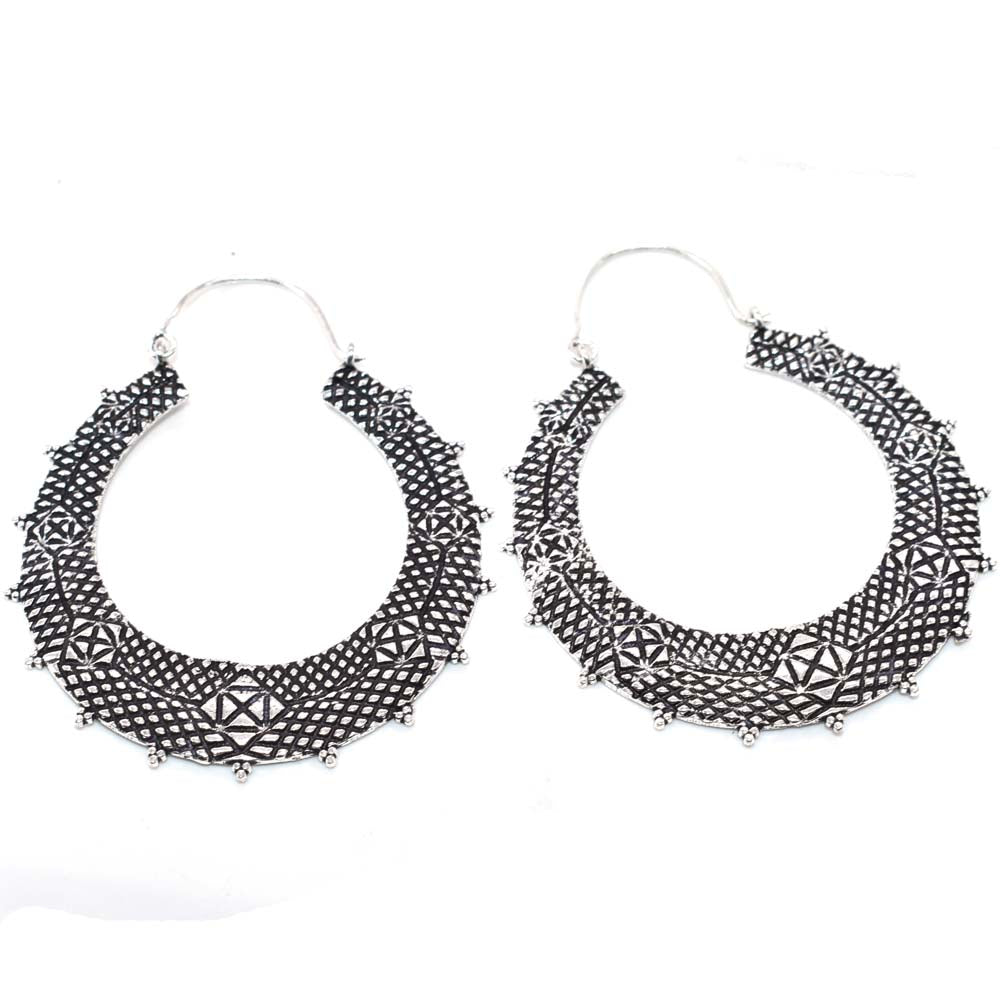 Oxidized Silver Hoop Earrings Tribal Geometric Boho Statement Jewelry EAR-5309