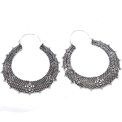 Oxidized Silver Hoop Earrings Tribal Geometric Boho Statement Jewelry EAR-5309