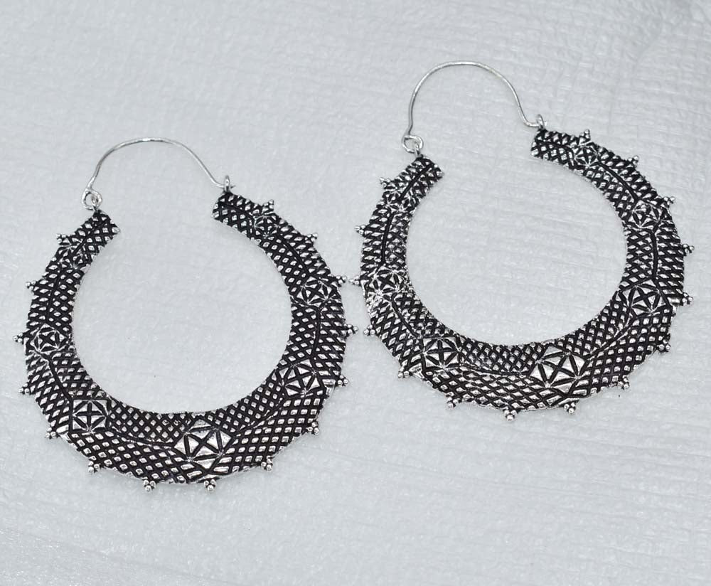 Oxidized Silver Hoop Earrings Tribal Geometric Boho Statement Jewelry EAR-5309