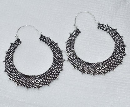 Oxidized Silver Hoop Earrings Tribal Geometric Boho Statement Jewelry EAR-5309