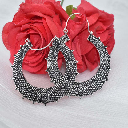 Oxidized Silver Hoop Earrings Tribal Geometric Boho Statement Jewelry EAR-5309