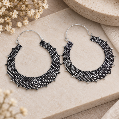 Oxidized Silver Hoop Earrings Tribal Geometric Boho Statement Jewelry EAR-5309