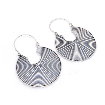 Geometric Silver Hoop Earrings Oxidized Disc Dangle Boho Jewelry EAR-5341