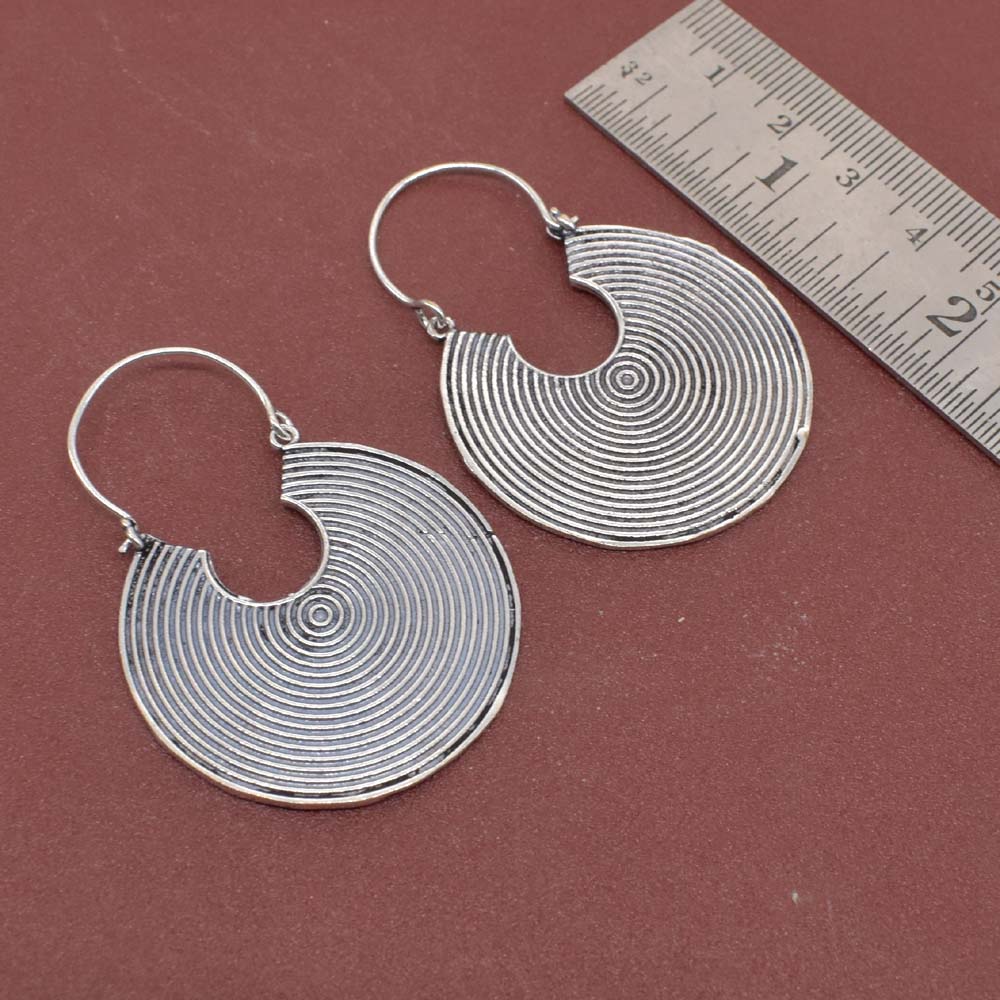 Geometric Silver Hoop Earrings Oxidized Disc Dangle Boho Jewelry EAR-5341