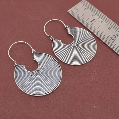 Geometric Silver Hoop Earrings Oxidized Disc Dangle Boho Jewelry EAR-5341