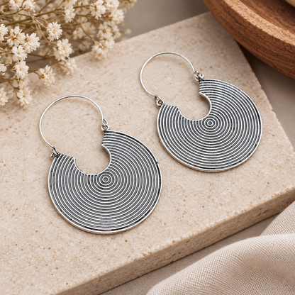 Geometric Silver Hoop Earrings Oxidized Disc Dangle Boho Jewelry EAR-5341