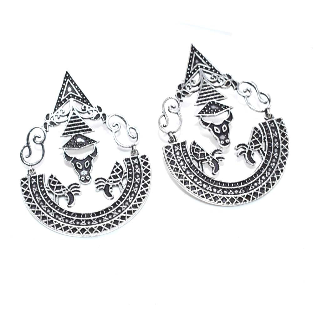 Oxidized Silver Tribal Pendant Boho Statement Jewelry Animal Design EAR-5349