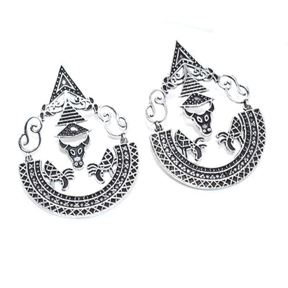 Oxidized Silver Tribal Pendant Boho Statement Jewelry Animal Design EAR-5349
