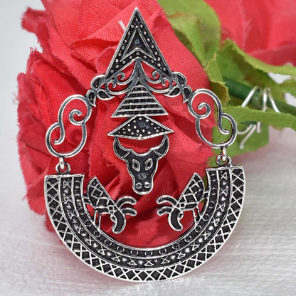Oxidized Silver Tribal Pendant Boho Statement Jewelry Animal Design EAR-5349