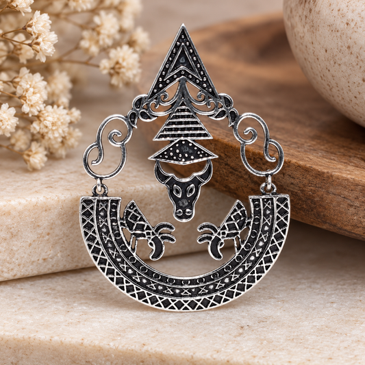 Oxidized Silver Tribal Pendant Boho Statement Jewelry Animal Design EAR-5349
