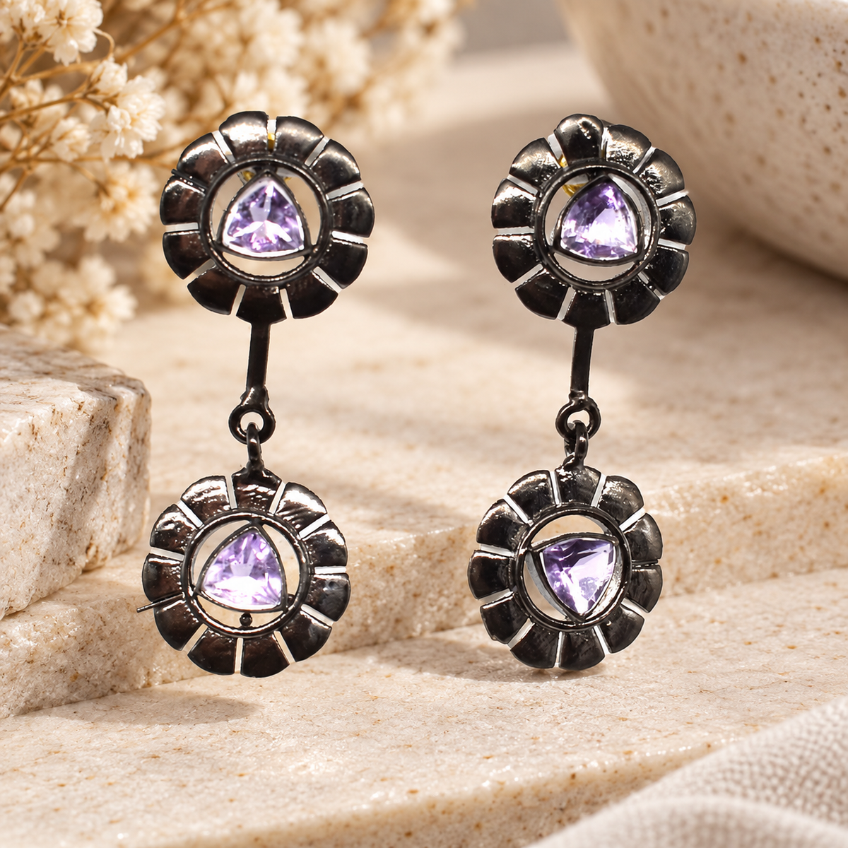 Amethyst Drop Earrings Oxidized Silver Floral Dangle Earrings EAR-5582
