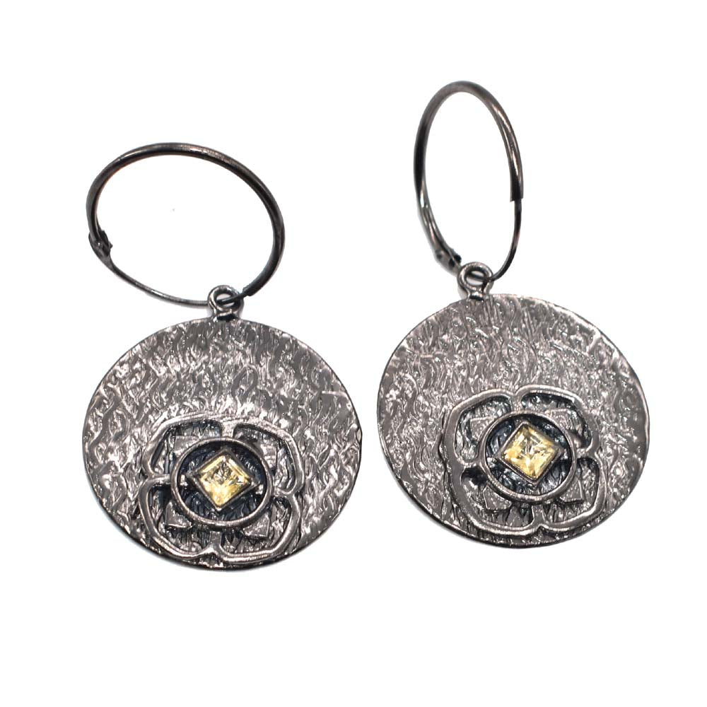 Oxidized Silver Hoop Earrings Yellow Gemstone Floral Boho Jewelry EAR-5585