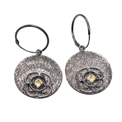 Oxidized Silver Hoop Earrings Yellow Gemstone Floral Boho Jewelry EAR-5585