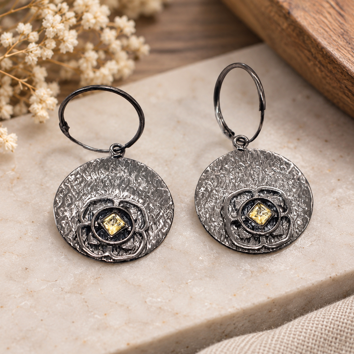 Oxidized Silver Hoop Earrings Yellow Gemstone Floral Boho Jewelry EAR-5585