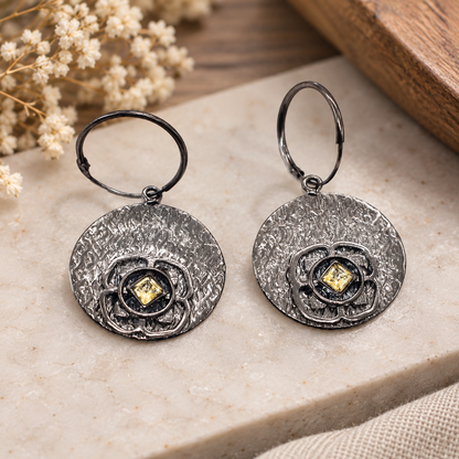 Oxidized Silver Hoop Earrings Yellow Gemstone Floral Boho Jewelry EAR-5585