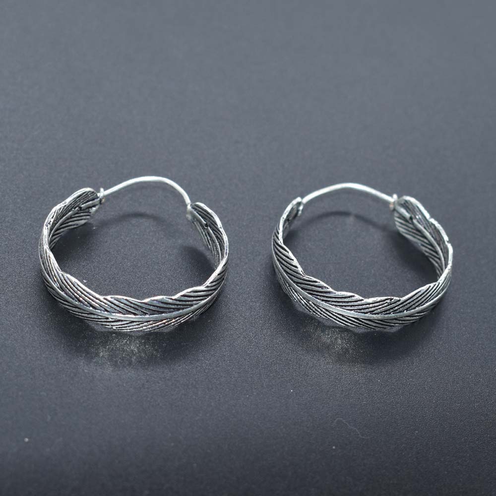 Oxidised Silver Hoop Earrings Twisted Leaf Texture Boho Minimal EAR-5587