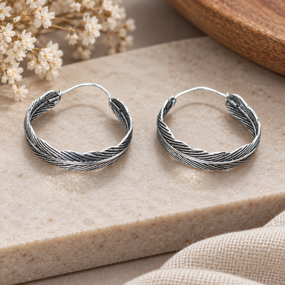 Oxidised Silver Hoop Earrings Twisted Leaf Texture Boho Minimal EAR-5587