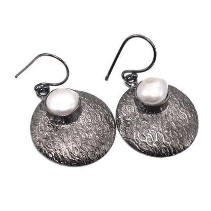 Pearl Oxidized Silver Earrings Textured Disc Dangle Boho Jewelry EAR-5606