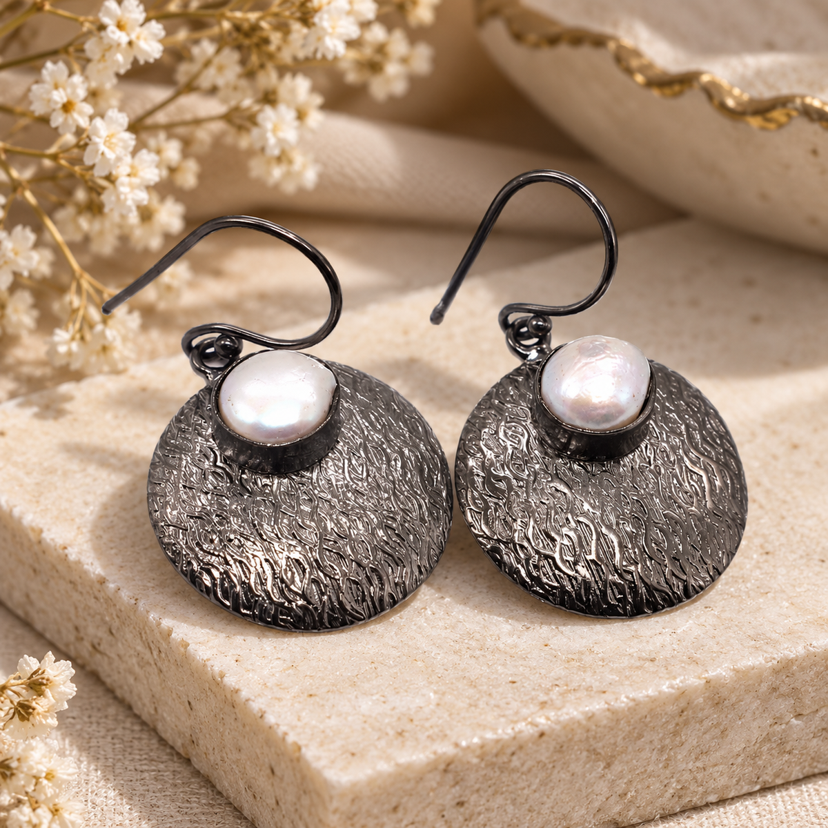 Pearl Oxidized Silver Earrings Textured Disc Dangle Boho Jewelry EAR-5606