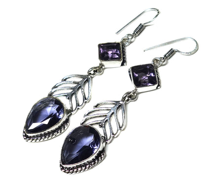 Amethyst Quartz Gemstone Silver Plated Jewelry Leaf Earring 2" To 3" EAR-5907