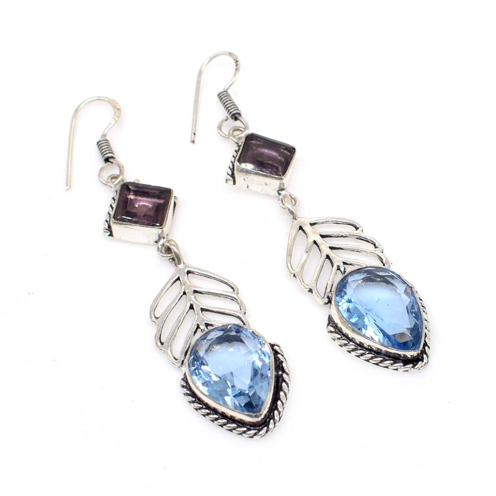 Amethyst Quartz Gemstone Silver Plated Jewelry Leaf Earring 2" To 3" EAR-5907