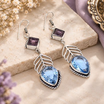 Amethyst Quartz Gemstone Silver Plated Jewelry Leaf Earring 2" To 3" EAR-5907