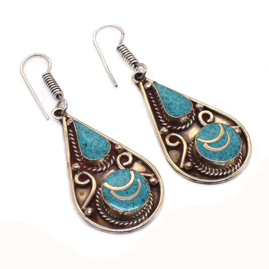 Tibetan Jewelry Green Turquoise Gemstone Vintage Hook Fashion Earring 1.5" EAR-6010