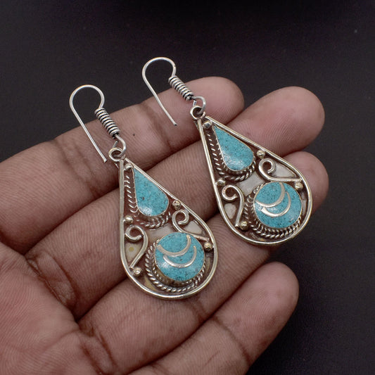 Tibetan Jewelry Green Turquoise Gemstone Vintage Hook Fashion Earring 1.5" EAR-6010