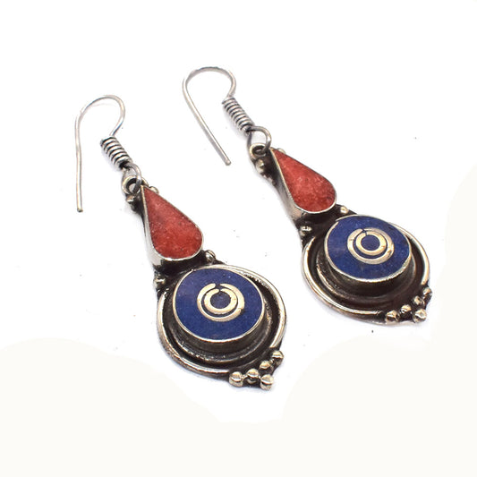 Lapis Lazuli Coral Gemstone Tibetan Fashion Jewelry Vintage Earring 1.5" EAR-7009