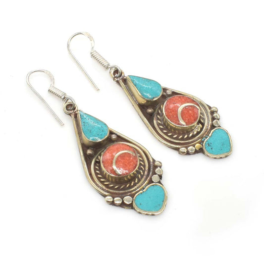 Green Turquoise Coral Gemstone Tibetan Jewelry Designer Earring 2" To 2.5" EAR-7075