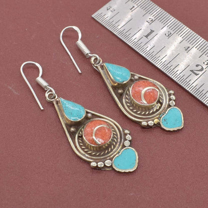 Green Turquoise Coral Gemstone Tibetan Jewelry Designer Earring 2" To 2.5" EAR-7075