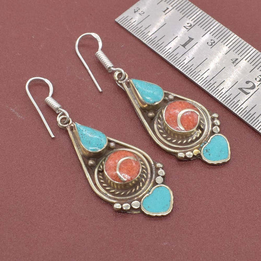 Green Turquoise Coral Gemstone Tibetan Jewelry Designer Earring 2" To 2.5" EAR-7075