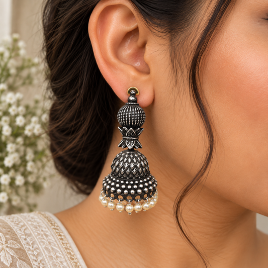 Handmade Oxidized Silver Plated Pearl Earrings Stylish Daily Wear Jewelry EAR-7529
