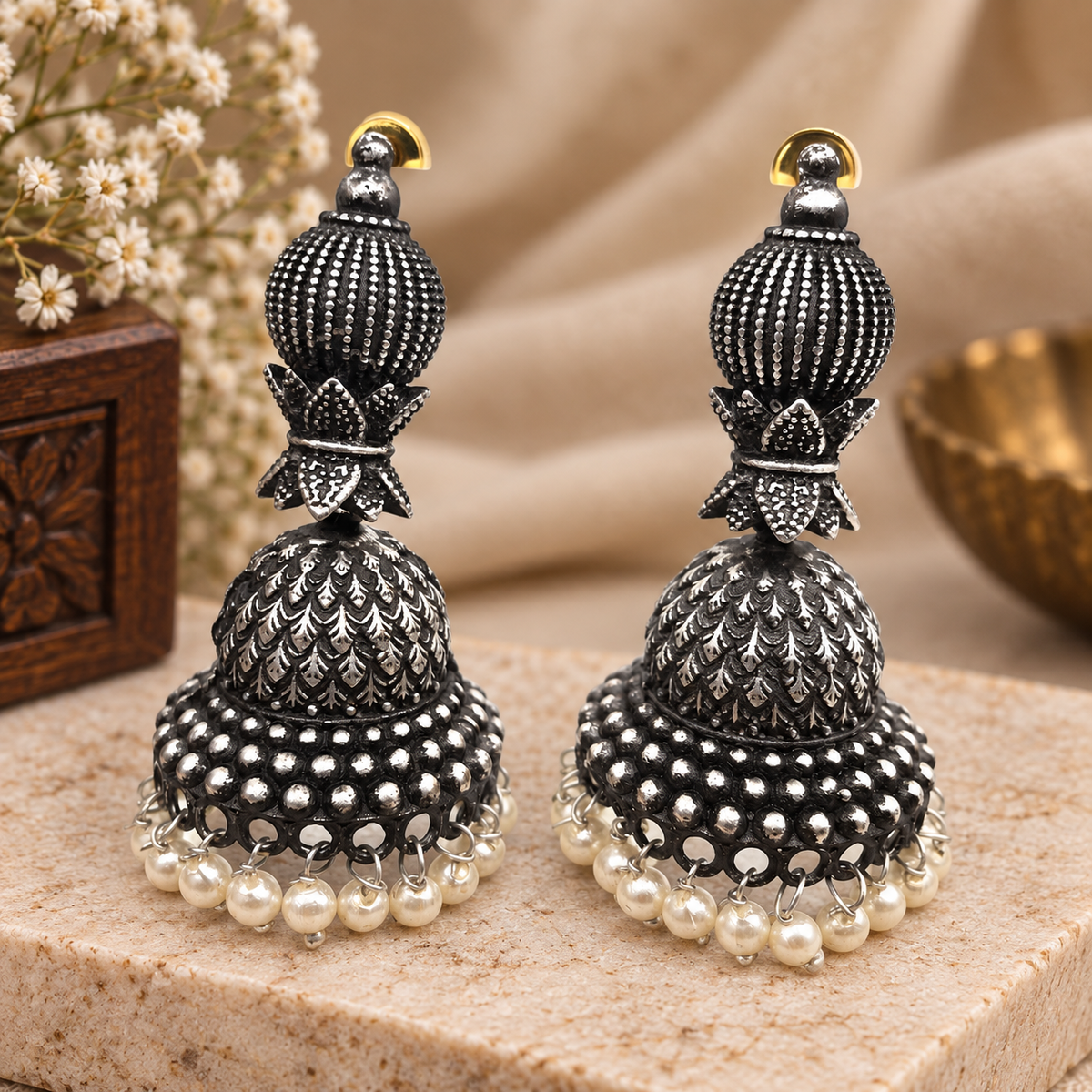 Handmade Oxidized Silver Plated Pearl Earrings Stylish Daily Wear Jewelry EAR-7529