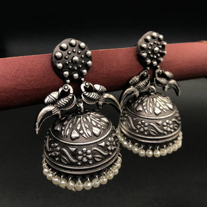 Oxidized Silver Jhumka Earrings Pearl Dangle Indian Garba Jewelry EAR-7531