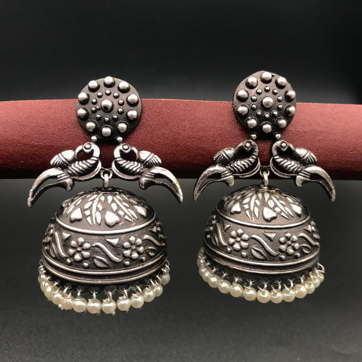 Oxidized Silver Jhumka Earrings Pearl Dangle Indian Garba Jewelry EAR-7531