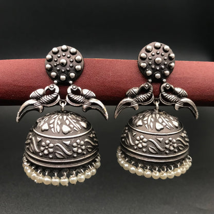 Oxidized Silver Jhumka Earrings Pearl Dangle Indian Garba Jewelry EAR-7531