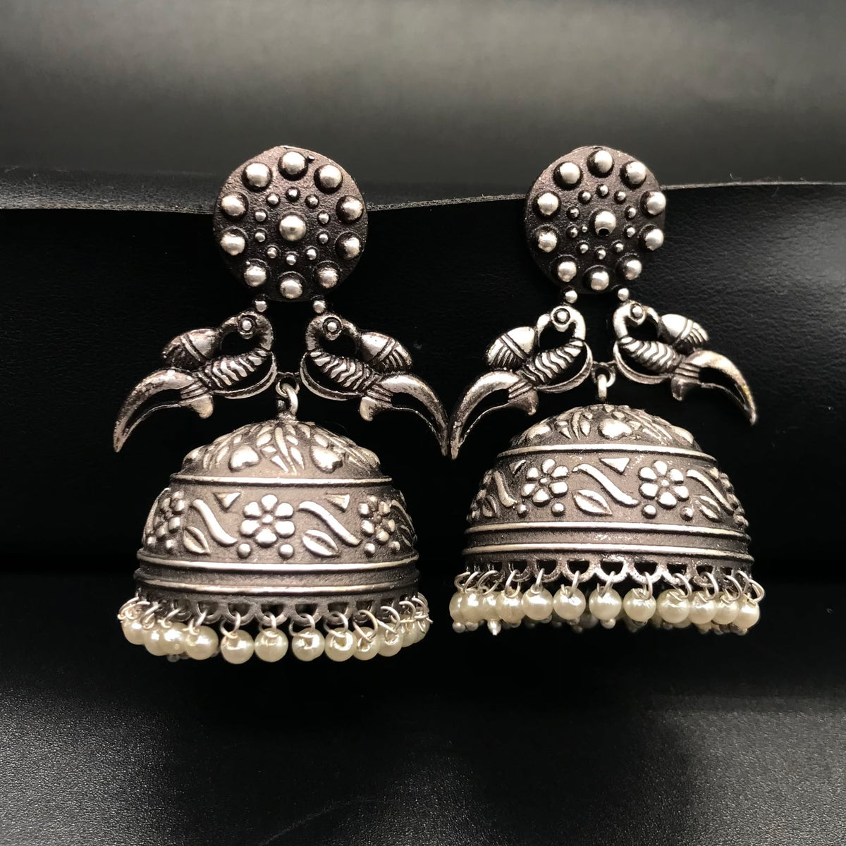 Oxidized Silver Jhumka Earrings Pearl Dangle Indian Garba Jewelry EAR-7531