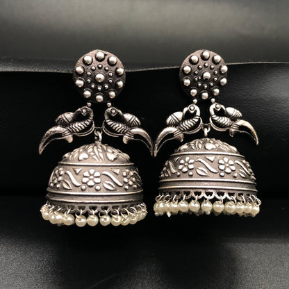 Oxidized Silver Jhumka Earrings Pearl Dangle Indian Garba Jewelry EAR-7531